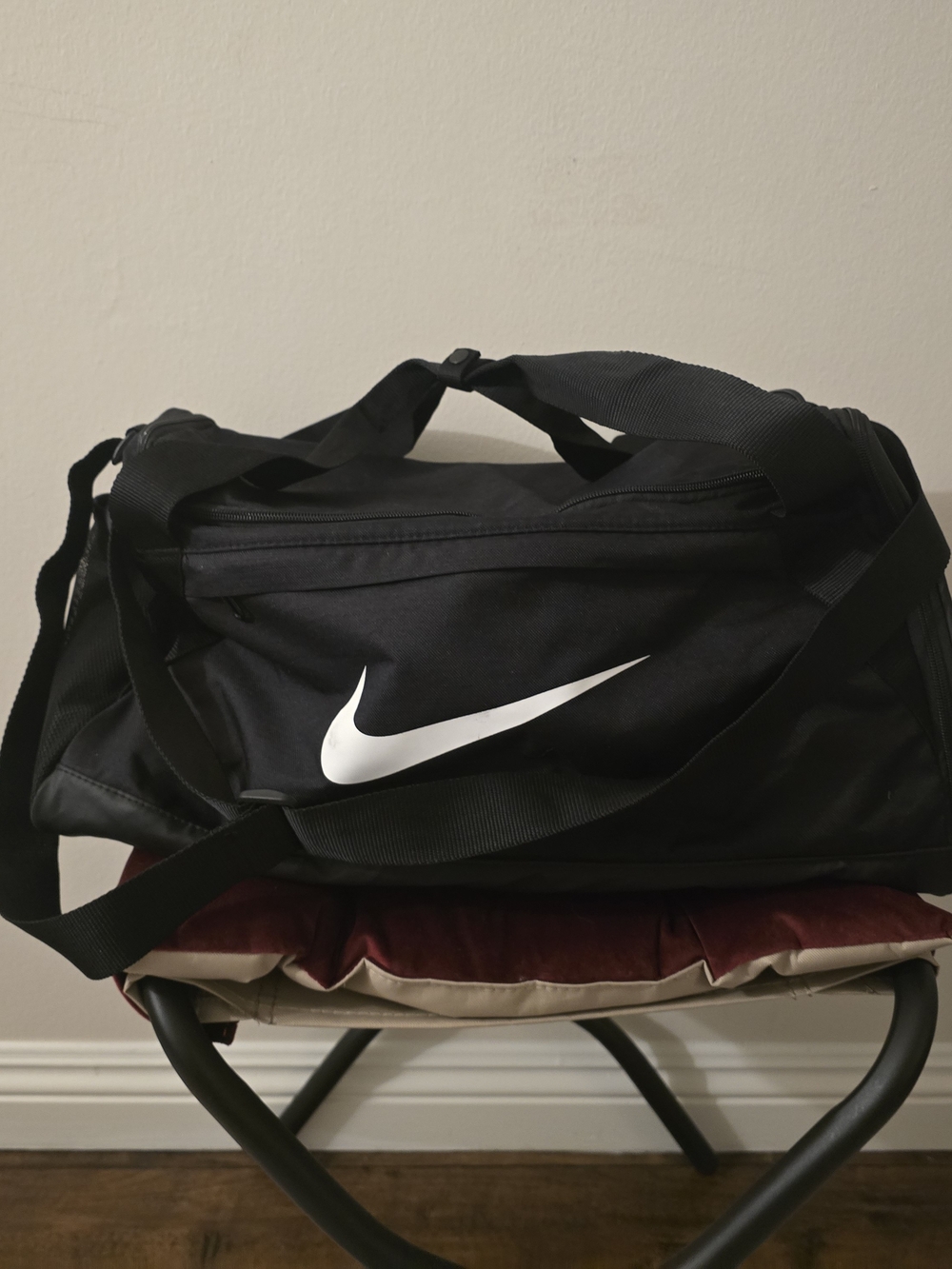 Nike Black Duffle Bag with White Swoosh - Men's Travel & Gym Bag